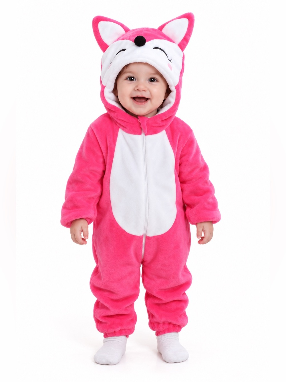 Cute Pink Fox Hooded Baby One-Piece Romper